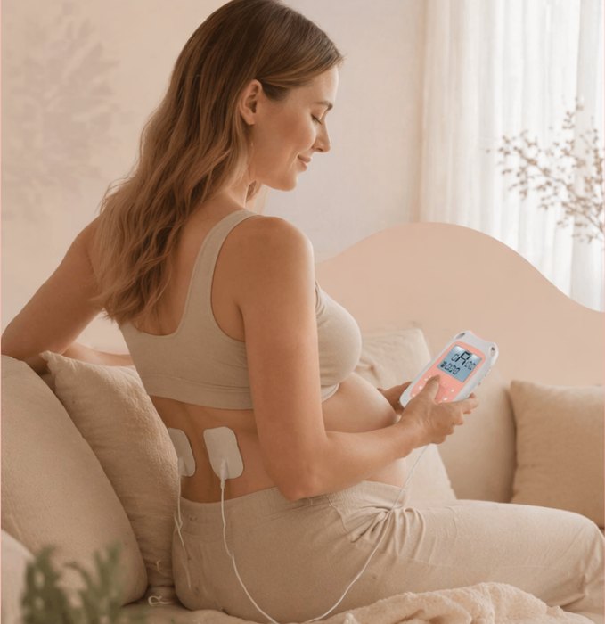 אישה בהריון משתמשת במכשיר TENS Perfect Mama+ בזמן צירים